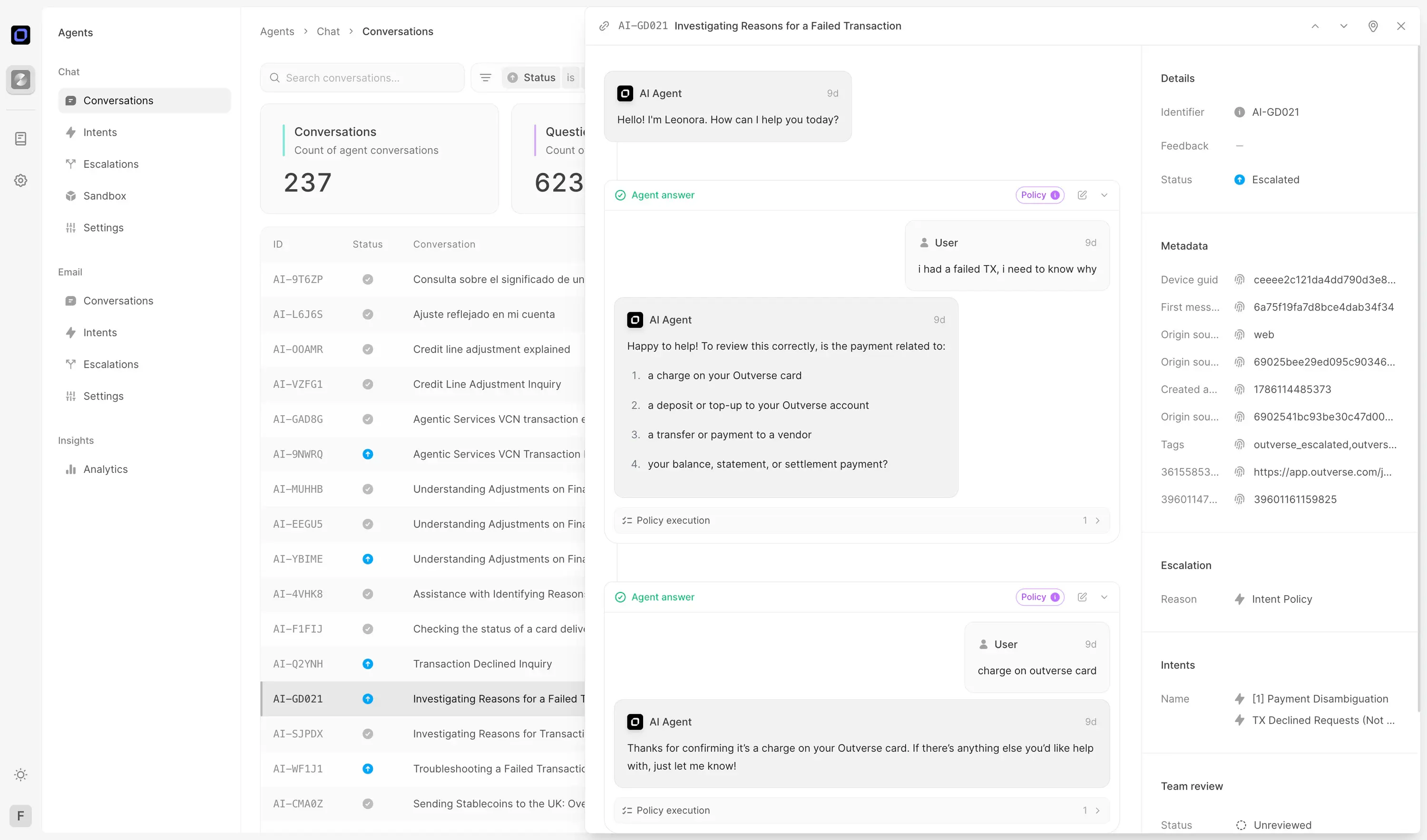 Outverse conversation workspace showing customer messages, policy execution and operational context